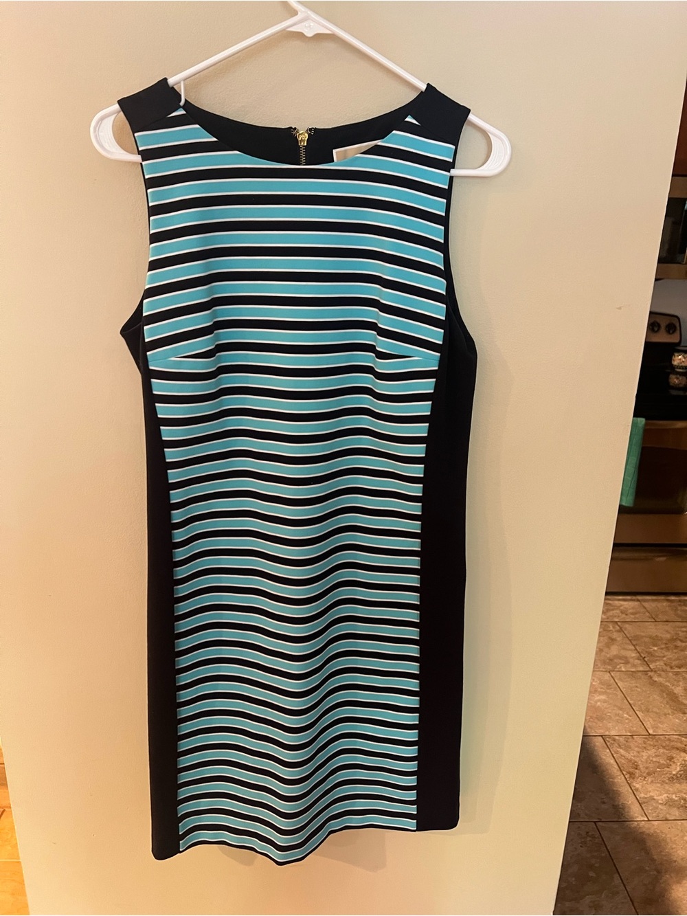 Michael Kors Teal and Black Striped Sleeveless Shift Dress
